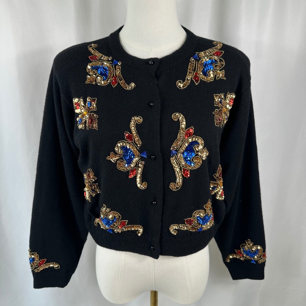 I Did It Vintage Cardigan Womens M Black Sequin Beaded Lambswool Angora Sweater